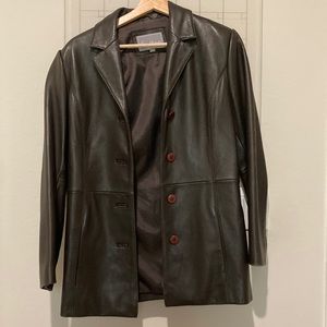 Genuine Brown Leather Button Coat